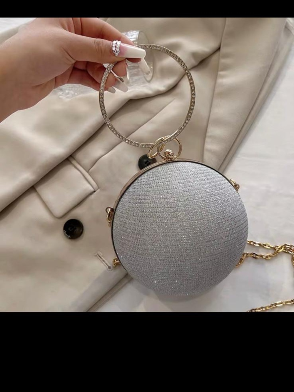 Round Silver Sparkle Wristlet Clutch with Gold Hoop